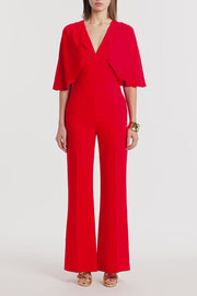 RED CREPE TUCK FRONT CAPE JUMPSUIT