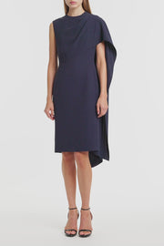 NAVY CREPE CASCADE DRESS