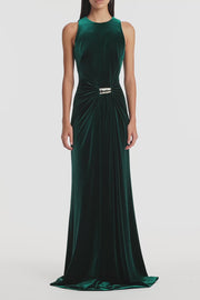 HUNTER GREEN VELVET GOLD DETAIL MAXI DRESS