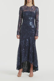 NAVY FLORAL MESH LONG SLEEVE GOWN