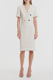 IVORY TWEED FRINGE MIDI DRESS