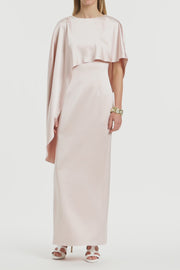 BLUSH LUSTRE SATIN ASYMMETRICAL CAPE GOWN