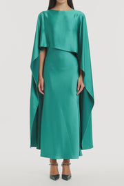 VIRIDIAN LUSTRE SATIN ASYMMETRIC DRAPE DRESS