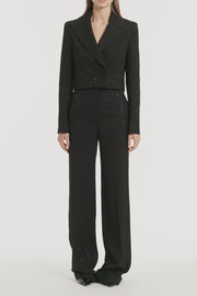 BLACK STARLIGHT TWILL PEAKED LAPEL CROPPED JACKET