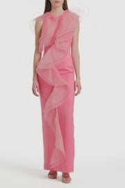 ROSE PINK CREPE RUFFLE FRONT GOWN