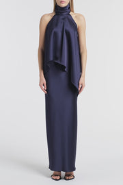 MIDNIGHT SATIN DRAPED HALTER TOP