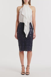 NAVY FOILED LACE PENCIL SKIRT