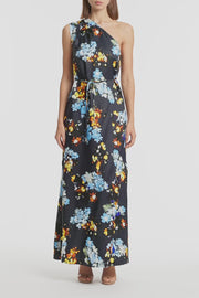 MIDNIGHT BOTANICA VISCOSE TWILL ONE SHOULDER DRESS