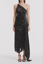 PINSPOT SILK BURNOUT PEAK HEM DRAPED DRESS