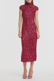 CHERRY CRUSHED SEQUIN CAP SLEEVE MIDI DRESS