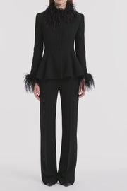 BLACK CREPE PEPLUM FEATHER JACKET