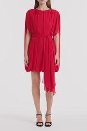 RED GEORGETTE GATHERED CAPELET DRESS
