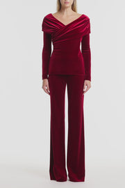 ROUGE VELVET DRAPED SHOULDER TOP