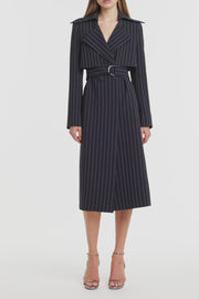 NAVY PINSTRIPE DOUBLE-BREASTED TRENCH COAT