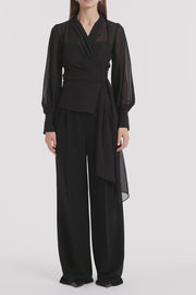BLACK GEORGETTE LONG SLEEVE WRAP BLOUSE