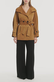 CAMEL TAFFETA TWILL SHORT TRENCH COAT