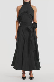 BLACK TAFFETA RUFFLE BOW DETAIL TOP