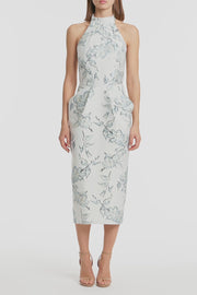 MURANO BROCADE HALTER NECK MIDI DRESS