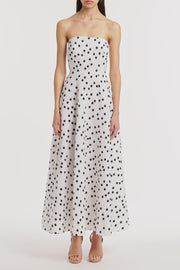 WHITE AND BLACK SPOT JACQUARD A-LINE STRAPLESS GOWN