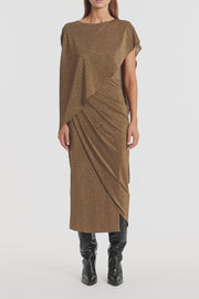 OLD GOLD LUREX KNIT CAPE TWIST DRESS