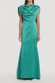 VIRIDIAN LUSTRE SATIN SHOULDER DRAPE GOWN