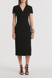 BLACK CREPE FRONT TUCK MIDI DRESS