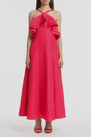 CRIMSON LINEN BLEND FRILL MAXI DRESS