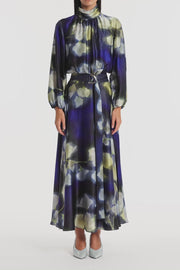 CALLA LILY SILK VISCOSE GATHERED SLEEVE DRESS