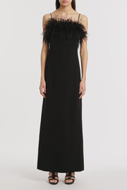 BLACK CREPE FEATHER MAXI DRESS