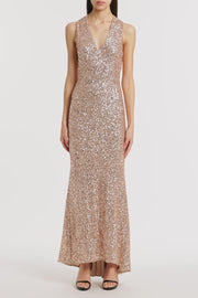 CHAMPAGNE CRUSHED SEQUIN V-NECK GOWN