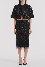BLACK FRINGE SEQUIN LACE MIDI SKIRT