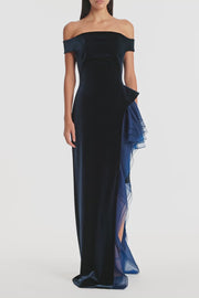 NAVY VELVET ORGANZA DETAIL GOWN