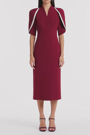 CABERNET CREPE LAYERED SLEEVE MIDI DRESS
