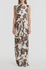 MOCHA BOUQUET SILK VISCOSE CINCHED MAXI DRESS