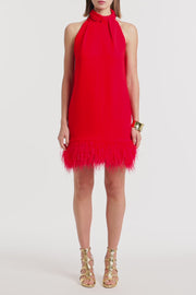 RED CREPE FEATHER MINI DRESS
