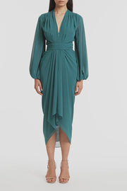 SERPENTINE GEORGETTE LONG SLEEVE WATERFALL DRESS