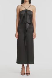 BLACK LUSTRE SATIN FRILL FRONT DRESS