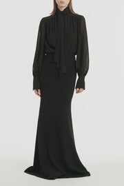 BLACK GEORGETTE BOW FRONT BLOUSE