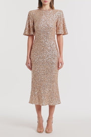 CHAMPAGNE CRUSHED SEQUIN BELL SLEEVE MIDI DRESS