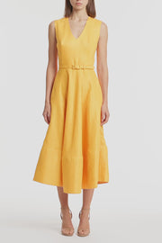AMBER LINEN BELTED MIDI DRESS