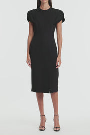 BLACK CREPE PETAL SLEEVE FITTED DRESS
