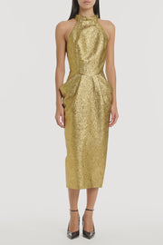 GOLD METALLIC BROCADE HALTER NECK DRESS