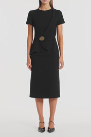 BLACK CREPE DRAPE PEPLUM MIDI DRESS
