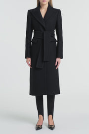 BLACK ITALIAN WOOL BELTED COAT
