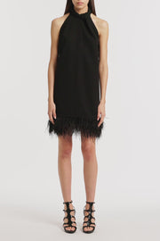 BLACK CREPE FEATHER MINI DRESS
