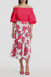 CRIMSON LINEN BLEND OFF-SHOULDER TOP