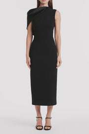 BLACK CREPE SCULPTED ONE SHOULDER MIDI DRESS