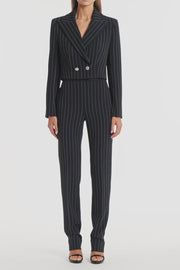 NAVY PINSTRIPE CROPPED JACKET