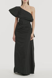BLACK TAFFETA ASYMMETRIC ONE SHOULDER DRESS