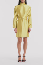 PEAR LUSTRE SATIN HIGH COLLAR BELTED DRESS